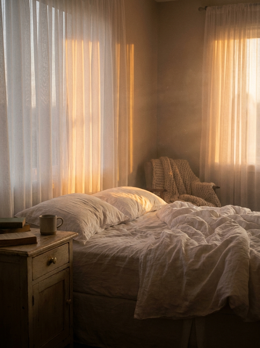 Warmes Morgenlicht im Schlafzimmer als Symbol für Stress, Schlaf und Erschöpfung