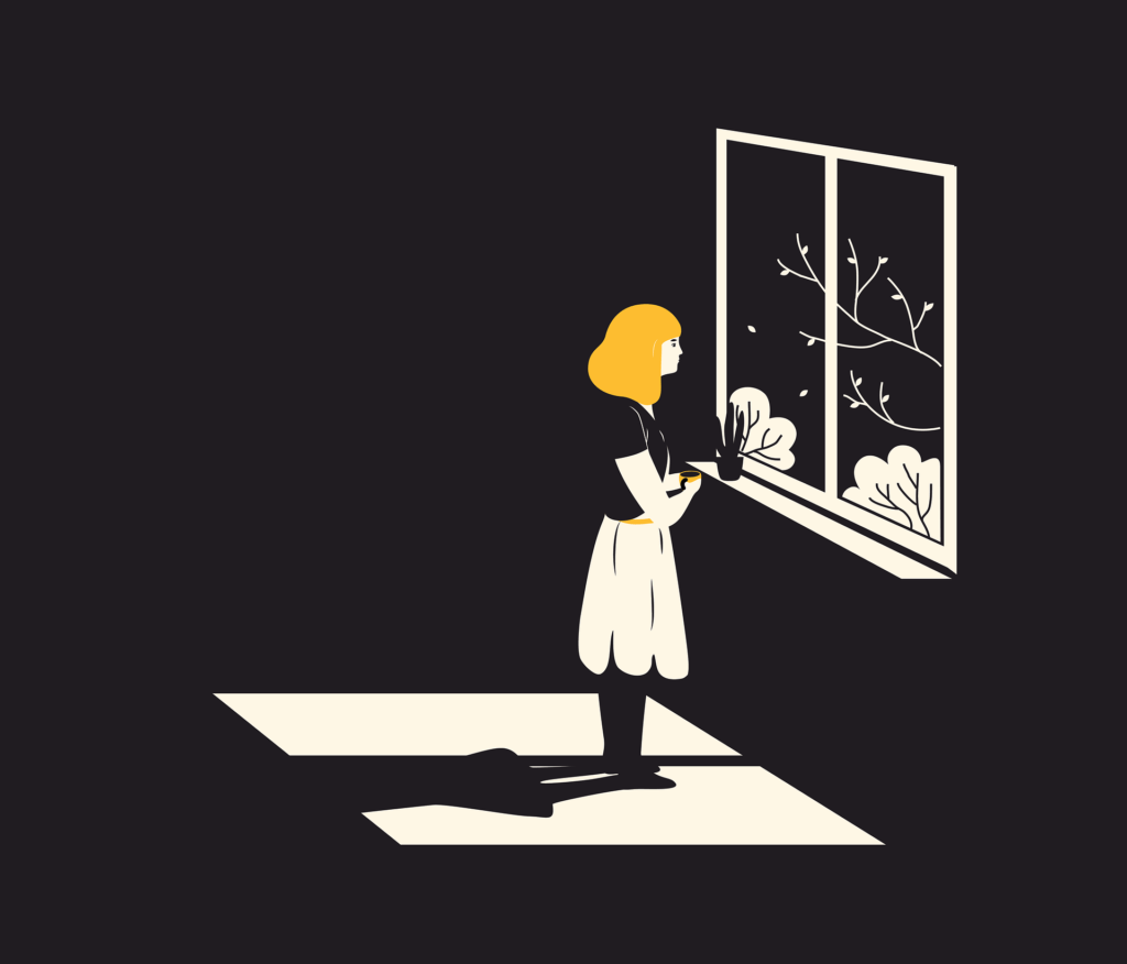 Illustration einer nachdenklichen Person am Fenster