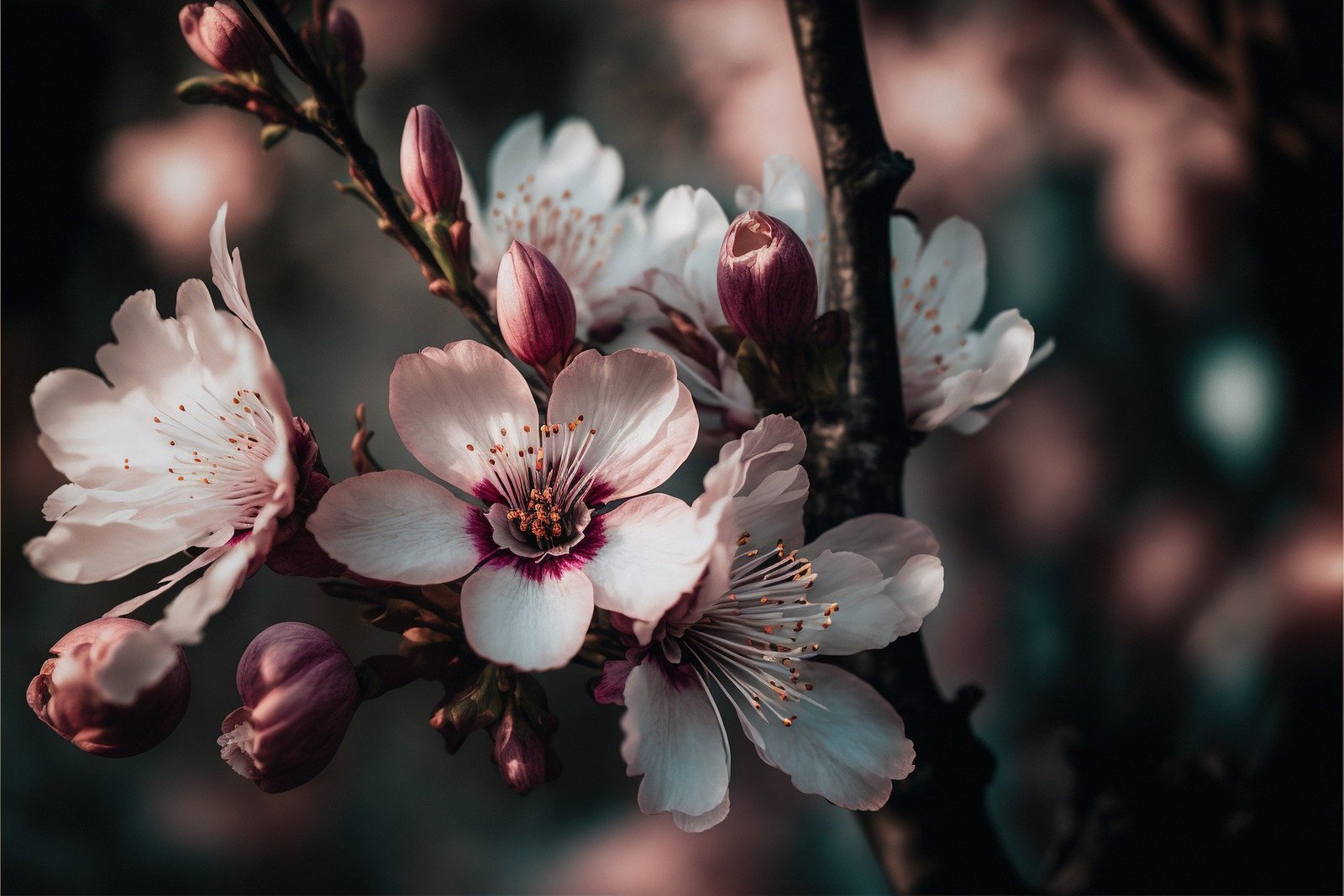 Dunkle und stimmungsvolle Aufnahme von blühenden Kirschblüten